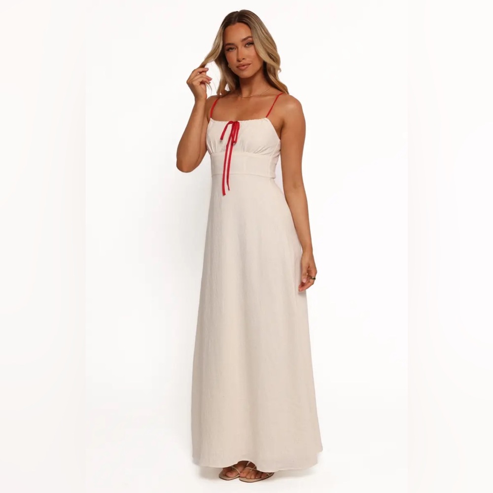 Petal & Pup Cream Maxi Dress with Red Straps and Tie
